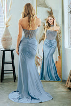 AC 2131 - Strapless Stretch Satin Fit & Flare Prom Gown with Sheer Crystal Embellished Corset Bodice Lace Up Back & Leg Slit Prom Gown Amelia Couture