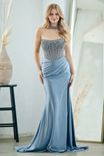 AC 2131 - Strapless Stretch Satin Fit & Flare Prom Gown with Sheer Crystal Embellished Corset Bodice Lace Up Back & Leg Slit Prom Gown Amelia Couture