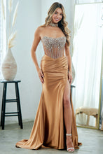 AC 2131 - Strapless Stretch Satin Fit & Flare Prom Gown with Sheer Crystal Embellished Corset Bodice Lace Up Back & Leg Slit Prom Gown Amelia Couture 0 Mocha Gold