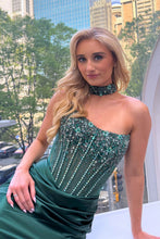 AC 2131 - Strapless Stretch Satin Fit & Flare Prom Gown with Sheer Crystal Embellished Corset Bodice Lace Up Back & Leg Slit Prom Gown Amelia Couture