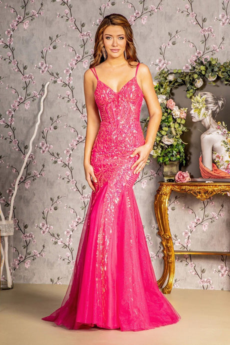 GL 3228 - Sequin Patterned Fit & Flare Prom Gown with Sheer Boned Corset Bodice & Lace Up Corset Back PROM GOWN GLS XS HOT PINK 