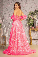 GL 3311 - Strapless Iridescent Sequin Print A-Line Prom Gown with Sheer Boned Corset Bodice Leg Slit Puff Sleeves & Lace Up Corset Back PROM GOWN GLS XS HOT PINK 