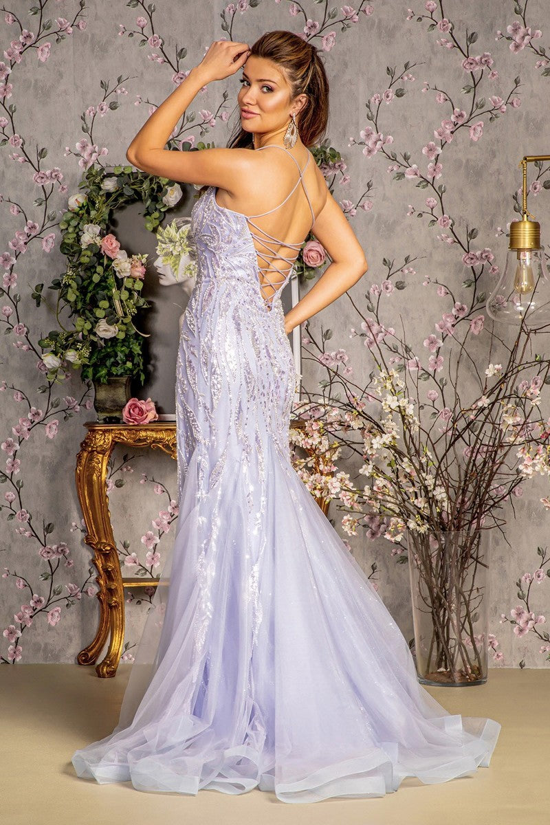 GL 3382 - Bead Embellished Fit & Flare Prom Gown with Scoop Neck Open Lace Up Corset Back & Leg Slit GL 3382 - Bead Embellished Fit & Flare Prom Gown with Scoop Neck Open Lace Up Corset Back & Leg Slit