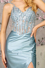GL 3439 - Stretch Satin Fit & Flare Prom Gown with Ruched Waist Sheer Embroidered Boned Bodice & Leg Slit PROM GOWN GLS   