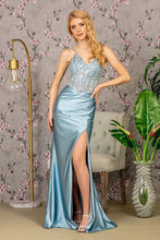 GL 3439 - Stretch Satin Fit & Flare Prom Gown with Ruched Waist Sheer Embroidered Boned Bodice & Leg Slit PROM GOWN GLS XS SMOKY BLUE 