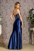 GL 3439 - Stretch Satin Fit & Flare Prom Gown with Ruched Waist Sheer Embroidered Boned Bodice & Leg Slit PROM GOWN GLS   