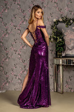 GL 3436 - 3D Floral Embellished Full Sequin Fit & Flare Prom Gown with Sheer Boned Bodice Open Lace Up Corset Back & Leg Slit PROM GOWN GLS XS PURPLE 