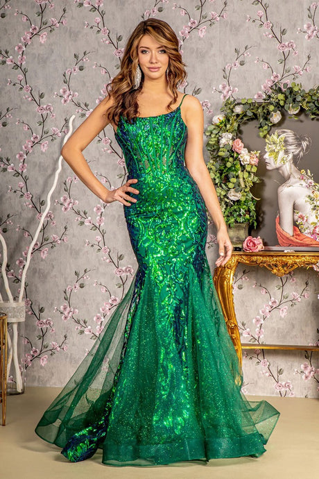 GL 3230 - Beaded Glitter Patterned Fit & Flare Prom Gown with Sheer Boned Corset Bodice & Open Lace Up Back PROM GOWN GLS XS GREEN 