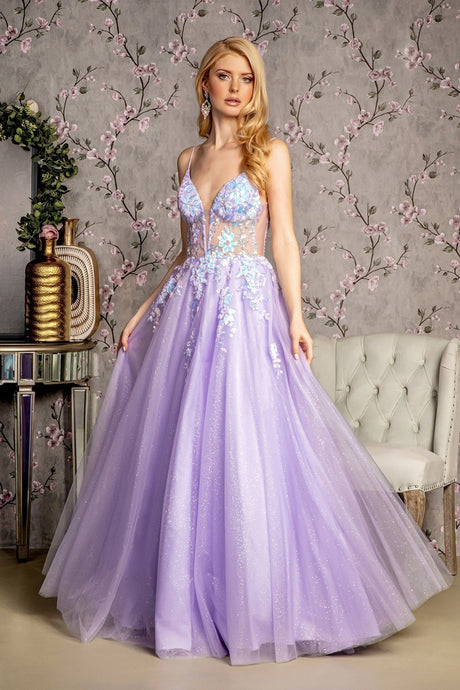 GL 3226 - Shimmering Tulle A-Line Prom Gown with Sheer Floral Embroidered Bodice & Deep V Back