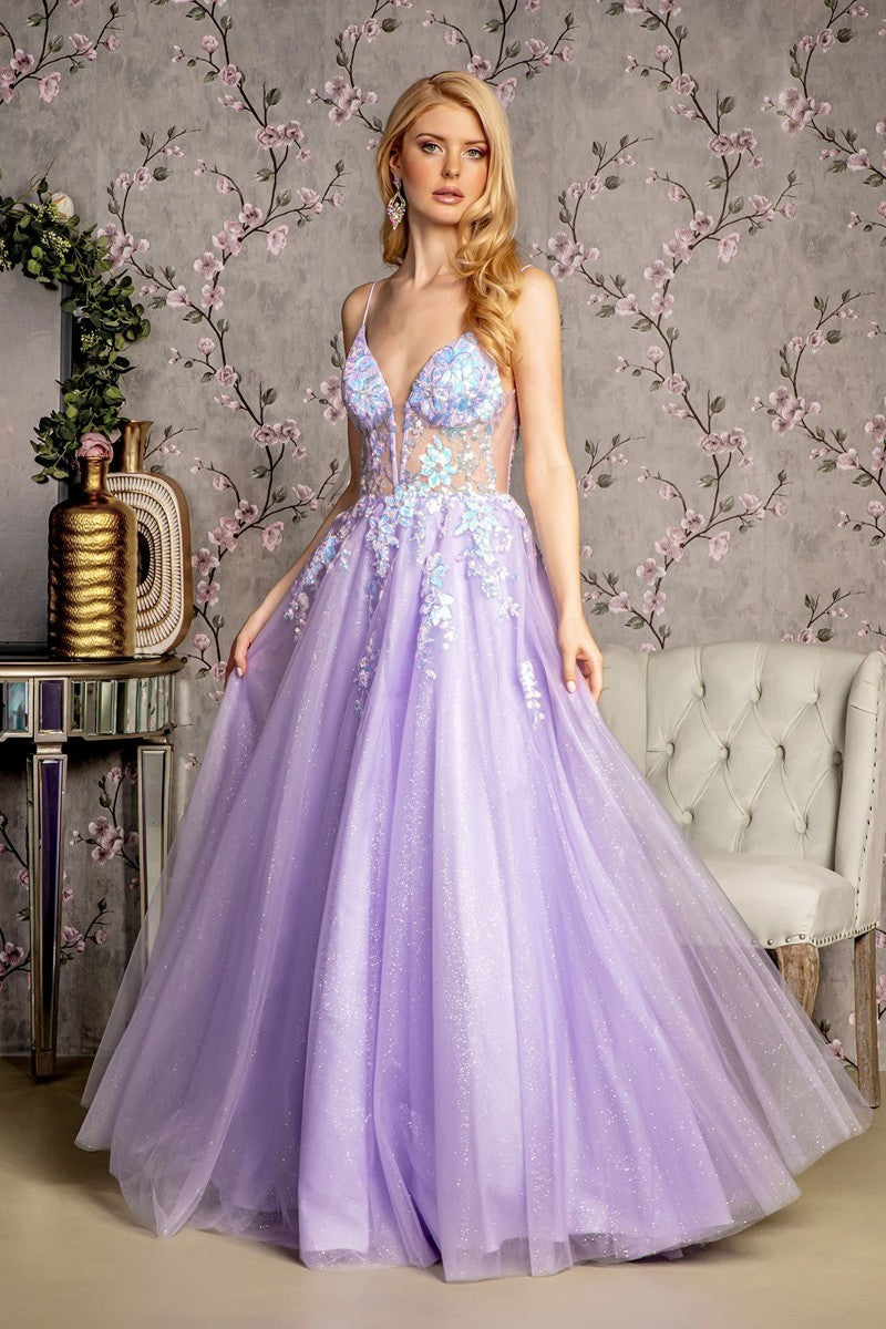 GL 3226 - Shimmering Tulle A-Line Prom Gown with Sheer Floral Embroidered Bodice & Deep V Back GL 3226 - Shimmering Tulle A-Line Prom Gown with Sheer Floral Embroidered Bodice & Deep V Back
