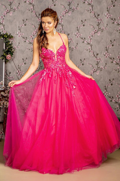 GL 3229 - Shimmer Tulle A-Line Prom Gown with Sheer Beaded Lace Embellished Bodice & Open Lace Up Back