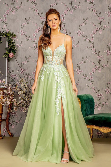 GL 3212 - Layered Tulle A-Line Prom Gown with Sheer 3D Applique Bodice Lace Up Corset Back & Leg Slit PROM GOWN GLS XS LIGHT GREEN 