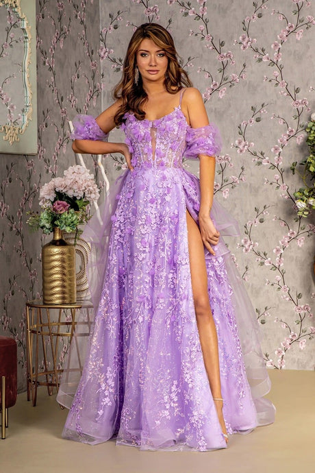 GL 3358 - 3D Floral A-Line Prom Gown with Puff Sleeves Sheer Boned Bodice Leg Slit Corset Back & Detachable Layered Ruffle Skirt PROM GOWN GLS XS LILAC 