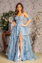 GL 3358 - 3D Floral A-Line Prom Gown with Puff Sleeves Sheer Boned Bodice Leg Slit Corset Back & Detachable Layered Ruffle Skirt PROM GOWN GLS XS SMOKY BLUE 