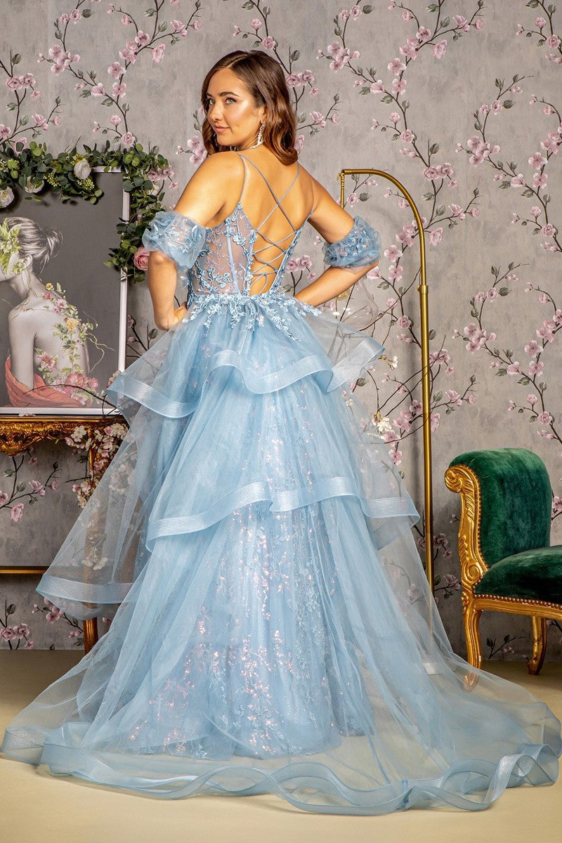 GL 3358 - 3D Floral A-Line Prom Gown with Puff Sleeves Sheer Boned Bod Diggz Formals GL 3358 - 3D Floral A-Line Prom Gown with Puff Sleeves Sheer Boned Bod Diggz Formals