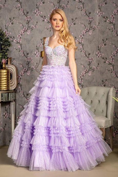 GL 3460 - Glitter Tulle A-Line Ball Gown with Sheer Embroidered Boned Corset Bodice & Layered Ruffle Skirt PROM GOWN GLS XS LILAC 