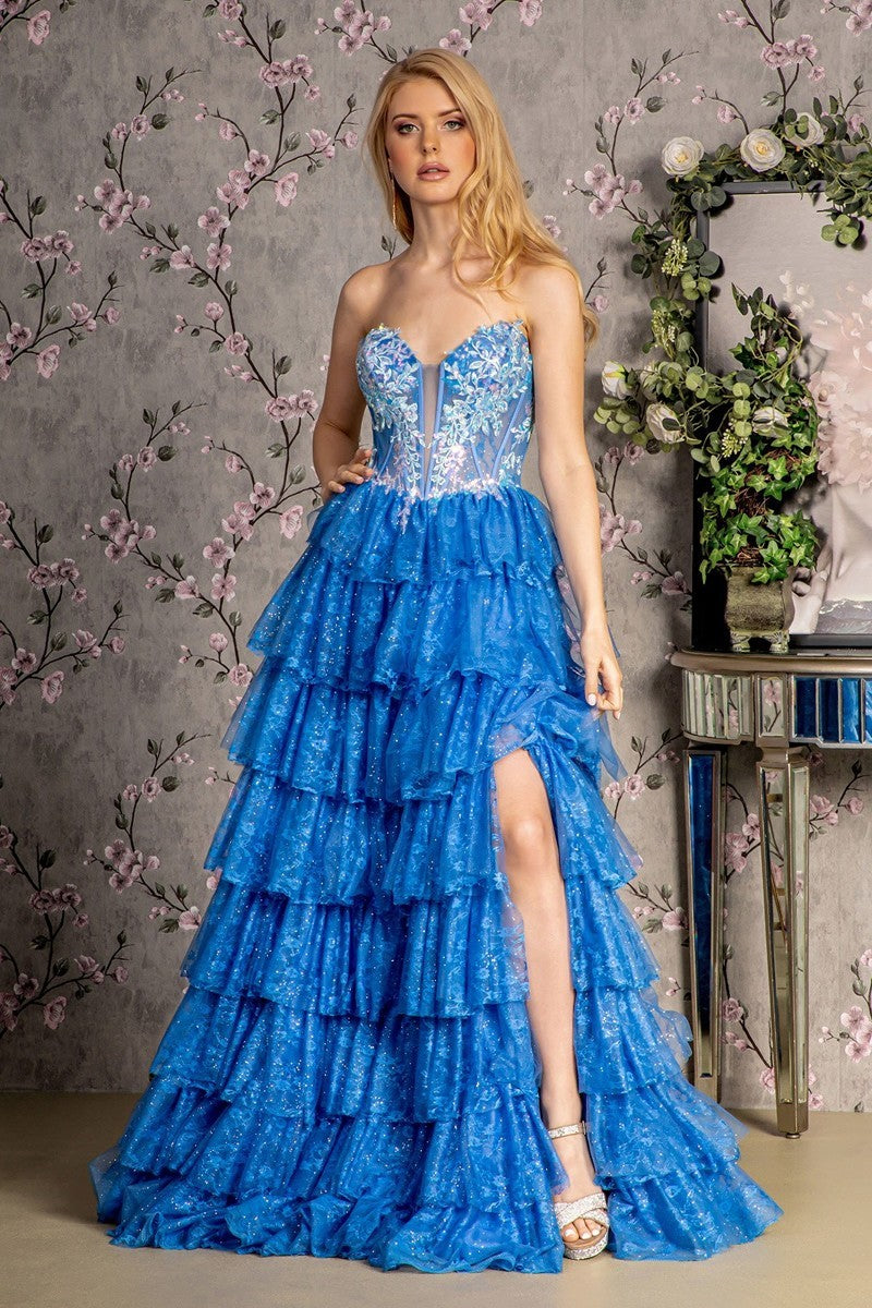 GL 3461 - Strapless A-Line Prom Gown with Cascading Ruffled Skirt & Sheer Beaded Lace Detailed Boned Corset Bodice & Leg Slit PROM GOWN GLS XS LAPIS BLUE 