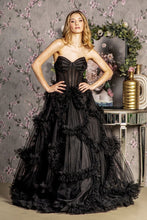 GL 3455 - Strapless A-Line Prom Gown with Sheer Boned Corset Bodice & Ruffled Skirt PROM GOWN GLS XS BLACK 