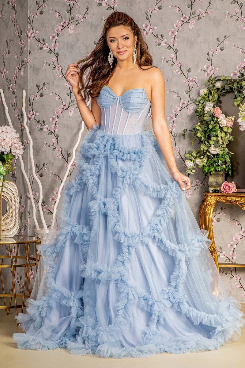 GL 3455 - Strapless A-Line Prom Gown with Sheer Boned Corset Bodice & Diggz Formals GL 3455 - Strapless A-Line Prom Gown with Sheer Boned Corset Bodice & Diggz Formals