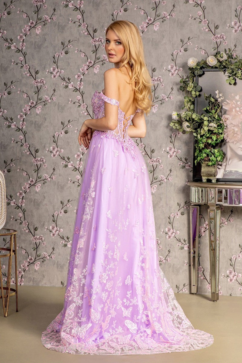 Long trail butterfly appliquéd satin tulle gown with flattered cap sleeve