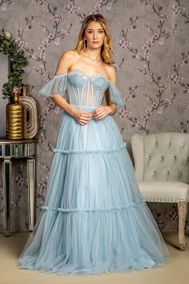 GL 3453 - Sequin Beaded Off the Shoulders A-Line Prom Gown with Sheer Boned Sweetheart Corset Bodice Lace Up Corset Back & Layered Ruffle Skirt PROM GOWN GLS XS SMOKY BLUE 