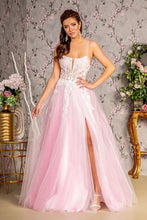 GL 3249 - Embroidered Layered Tulle A-Line Prom Gown with Sheer Detailed Boned Corset Bodice Leg Slit & Open Lace Up Back PROM GOWN GLS XS LIGHT PINK 