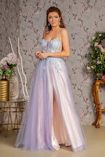 GL 3252 - 3D Butterfly & Floral Print A-Line Prom Gown with Sheer Corset Bodice Open Lace Up Back & Leg Slit PROM GOWN GLS XS SMOKY BLUE/PEACH 