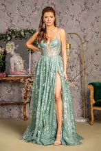 GL 3454 - Glitter Patterned A-Line Prom Gown with Sheer Boned Corset Bodice Leg Slit & Lace Up Corset Back PROM GOWN GLS   
