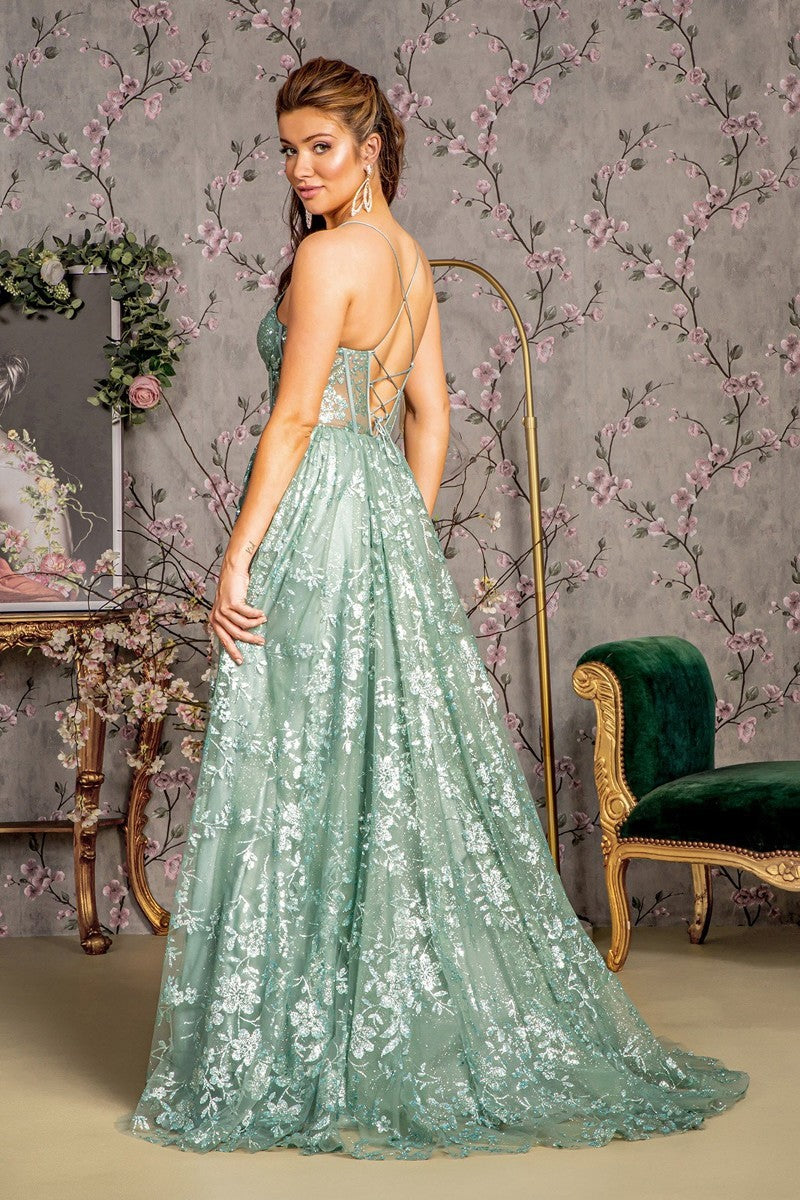 GL 3454 - Glitter Patterned A-Line Prom Gown with Sheer Boned Corset Bodice Leg Slit & Lace Up Corset Back PROM GOWN GLS XS DARK SAGE 