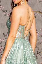GL 3454 - Glitter Patterned A-Line Prom Gown with Sheer Boned Corset Bodice Leg Slit & Lace Up Corset Back PROM GOWN GLS   