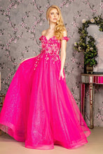 GL 3443 - Off the Shoulders Shimmer Tulle A-Line Prom Gown with 3D Floral Embroidered V-Neck Bodice PROM GOWN GLS XS FUCHSIA 