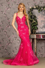 GL 3333 - Beaded Lace Embellished Fit & Flare Prom Gown with Sheer Boned Corset Bodice & Open Lace Up Back PROM GOWN GLS XS FUCHSIA 