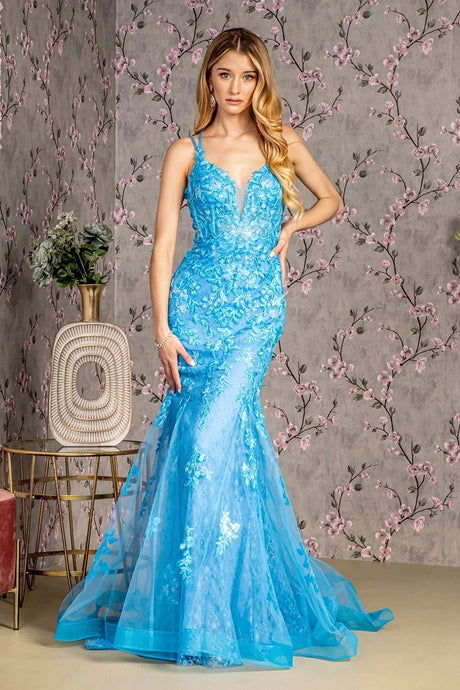 GL 3333 - Beaded Lace Embellished Fit & Flare Prom Gown with Sheer Boned Corset Bodice & Open Lace Up Back PROM GOWN GLS XS OCEAN BLUE 