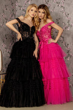 GL 3391 - Off the Shoulders A-Line Ball Gown with Sheer 3D Floral Boned Corset Bodice Lace Up Back & Layered Ruffle Skirt PROM GOWN GLS XS BLACK 