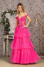 GL 3391 - Off the Shoulders A-Line Ball Gown with Sheer 3D Floral Boned Corset Bodice Lace Up Back & Layered Ruffle Skirt PROM GOWN GLS XS FUCHSIA 