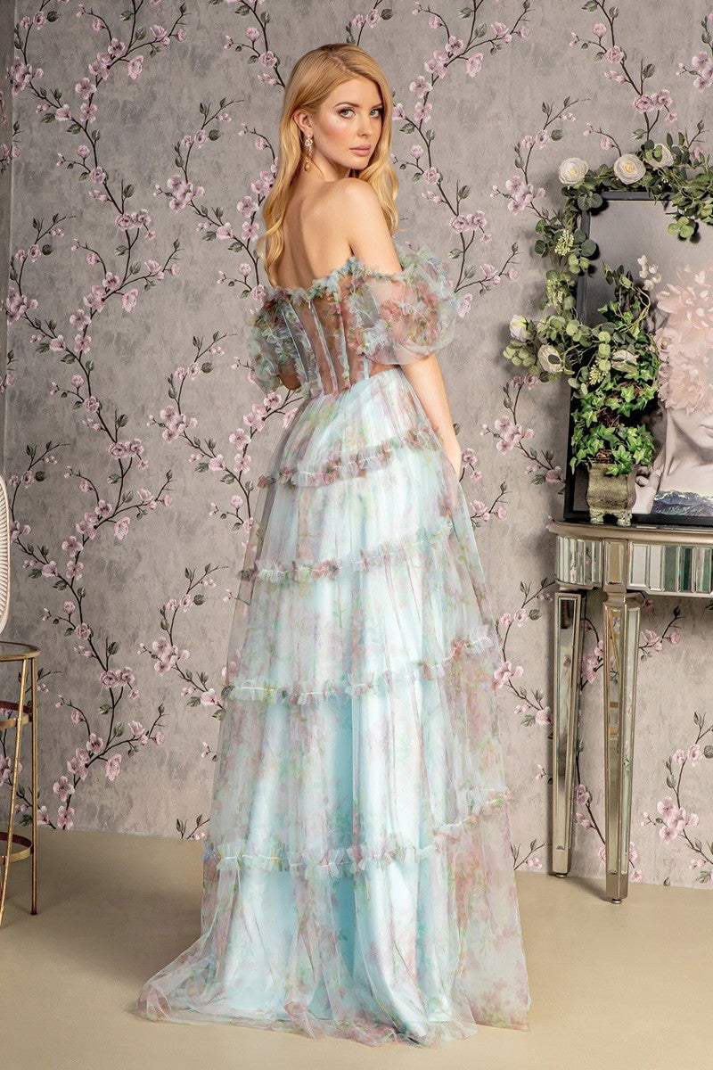 GL 3394 - Off the Shoulder Floral Print A-Line Prom Gown with Sheer Corset Bodice & Layered Ruffle Tulle Skirt PROM GOWN GLS XS BLUE 