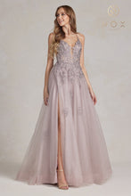 N G1149 - Layered Tulle A-Line Prom Gown with Floral Appliqued Bodice Leg Slit & Open Lace Up Back PROM GOWN Nox 00 MAUVE