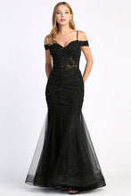 AD 3005 -Beaded Lace Embellished Off the Shoulder Fit & Flare Prom Gown With Sheer Boned Bodice PROM GOWN Adora XS BLACK 