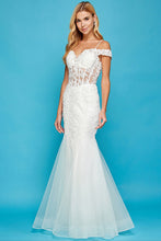 AD 3005 -Beaded Lace Embellished Off the Shoulder Fit & Flare Prom Gown With Sheer Boned Bodice PROM GOWN Adora XS OFF WHITE 