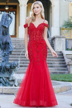 AD 3005 -Beaded Lace Embellished Off the Shoulder Fit & Flare Prom Gown With Sheer Boned Bodice PROM GOWN Adora XS RED 