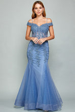 AD 3005 -Beaded Lace Embellished Off the Shoulder Fit & Flare Prom Gown With Sheer Boned Bodice PROM GOWN Adora XS SLATE BLUE 