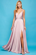 AD 3013 - Satin A-Line Formal Gown With Gathered V-Neck Lace Up Open Back Leg Slit & Pockets PROM GOWN Adora XS DUSTY ROSE 
