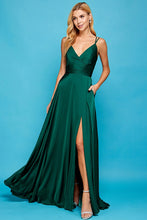 AD 3013 - Satin A-Line Formal Gown With Gathered V-Neck Lace Up Open Back Leg Slit & Pockets PROM GOWN Adora S EMERALD 
