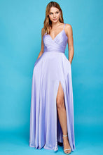 AD 3013 - Satin A-Line Formal Gown With Gathered V-Neck Lace Up Open Back Leg Slit & Pockets PROM GOWN Adora XS LAVENDER 