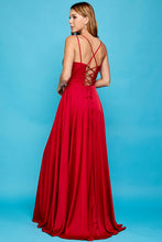AD 3013 - Satin A-Line Formal Gown With Gathered V-Neck Lace Up Open Back Leg Slit & Pockets PROM GOWN Adora   