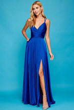 AD 3013 - Satin A-Line Formal Gown With Gathered V-Neck Lace Up Open Back Leg Slit & Pockets PROM GOWN Adora XS ROYAL BLUE 