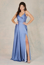 AD 3013 - Satin A-Line Formal Gown With Gathered V-Neck Lace Up Open Back Leg Slit & Pockets PROM GOWN Adora S SMOKY BLUE 