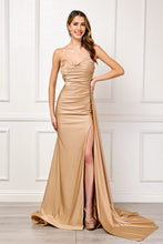 AC 3013 - Strapless Stretch Jersey Fit & Flare Prom Gown with Ruched Bodice High Leg Slit & Side Sash PROM GOWN Amelia Couture 2 Champagne