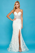 AD 3025 - Beaded Lace Embellished Strapless Fit & Flare Prom Gown With Sheer Corset Bodice Leg Slit & Open Lace Up Back PROM GOWN Adora L OFF WHITE 