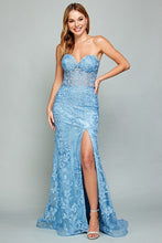AD 3025 - Beaded Lace Embellished Strapless Fit & Flare Prom Gown With Sheer Corset Bodice Leg Slit & Open Lace Up Back PROM GOWN Adora XS PERI BLUE 